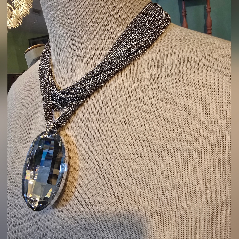 Elegant Silver Multi-Strand Necklace with Crystal Pendant Set - Picture 2 of 6